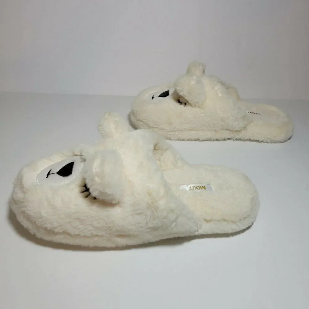 MIXIT Bear‎ Slippers Girls Size 5-6 Ivory Cream Plush Very Soft Slip On GUC